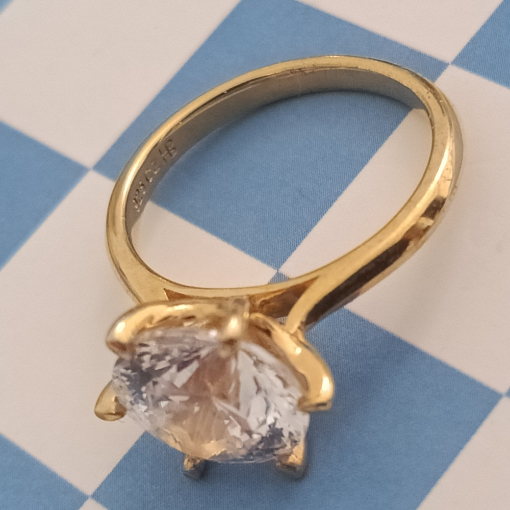 Elegant Gold Plated Sterling Silver Ring with Clear CZ Gemstone, size 7